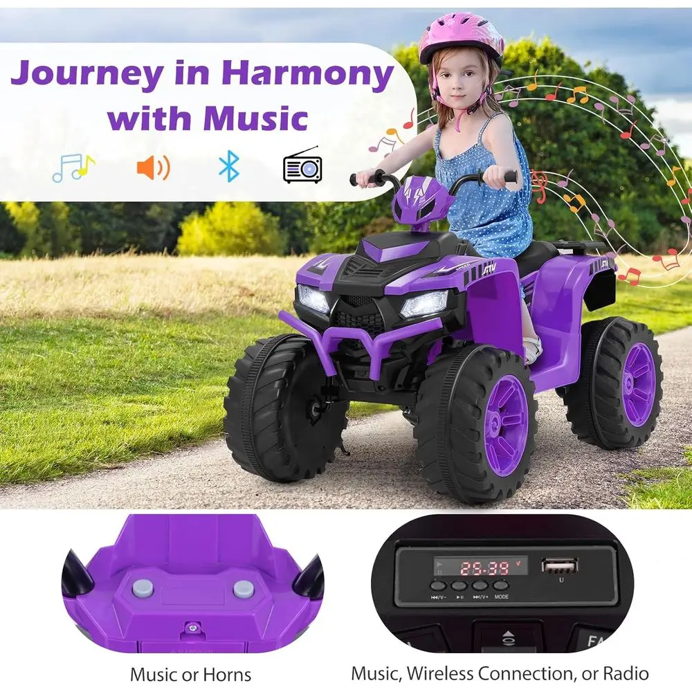 Kids ATV, 24V Four Wheeler Quad Ride on Car w/Forward/Backward, 2 Speeds, Wireless Connection, Music, Radio, LED Lights,Purple