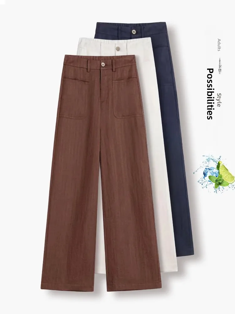 

High Waist Drapey Linen Wide Leg Pants Women Summer Thin New Loose Ice Silk Straight Leg Trousers Casual Pants Korean Style