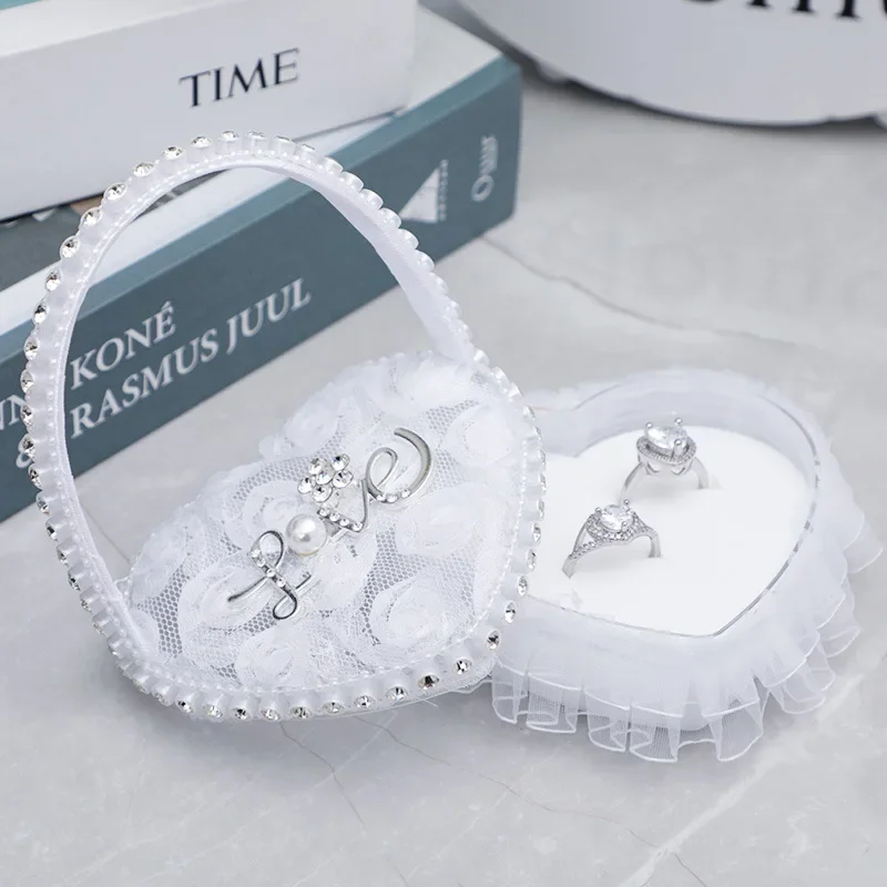 Nueva caja de anillos de boda con diamantes de imitación en forma de corazón, cesta de anillos de boda con cojín de almohada de anillo de rosa, regalo del Día de San Valentín