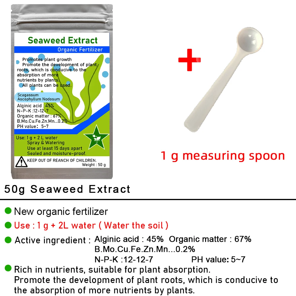 50g Seaweed Extract Fertilizer Boost Plant Growth & Soil Health - All-Natural Water-Soluble For All Crops Gulfweed Material