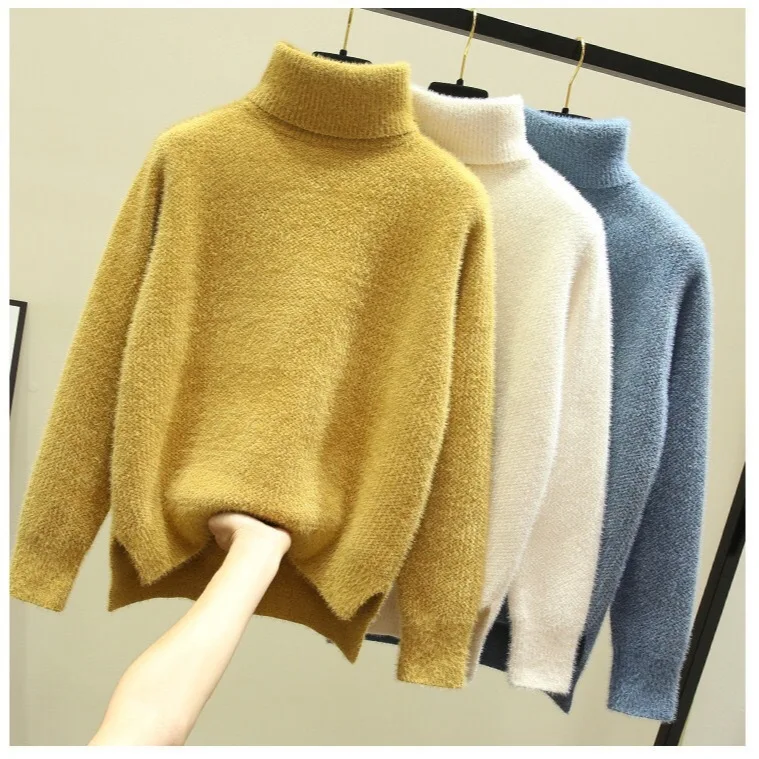 Winter Turtleneck Thicken Sweater Women Casual Warm Plush Lining Knit Tops Add Velvet Bottomed Blue Pullover 2025