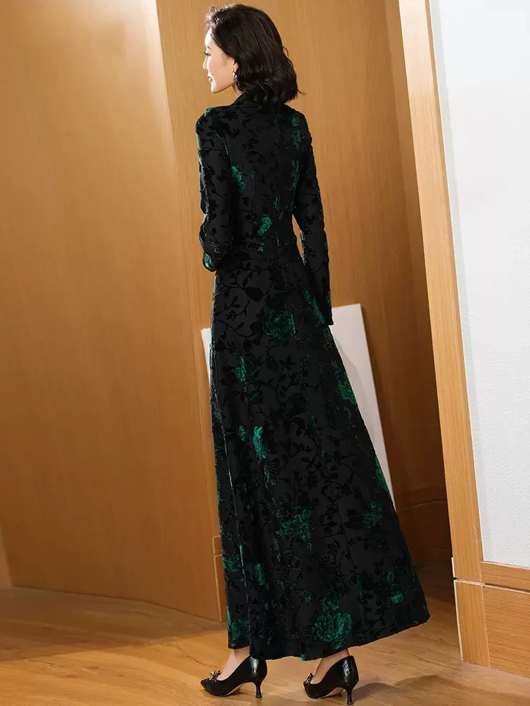 New Women Lengthened Dress Spring Autumn Elegant Fashion Green Jacquard Stand Collar Long Sleeve Long Dress Slim Winter Dresses