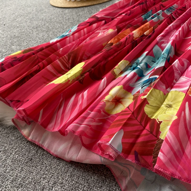 Vestido plissado floral série francesa decote em v, vestido de verão feminino, cintura cinching, temperamento fino chiffon resort vestidos