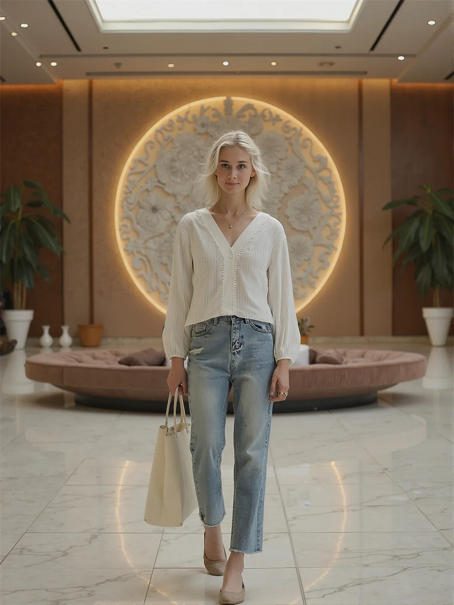 

White Shirt Woman Long Lantern Sleeve Vintage Button Front Cotton Turn Down Collar Lapel Blouse Simple Basic Minimalist Fashion