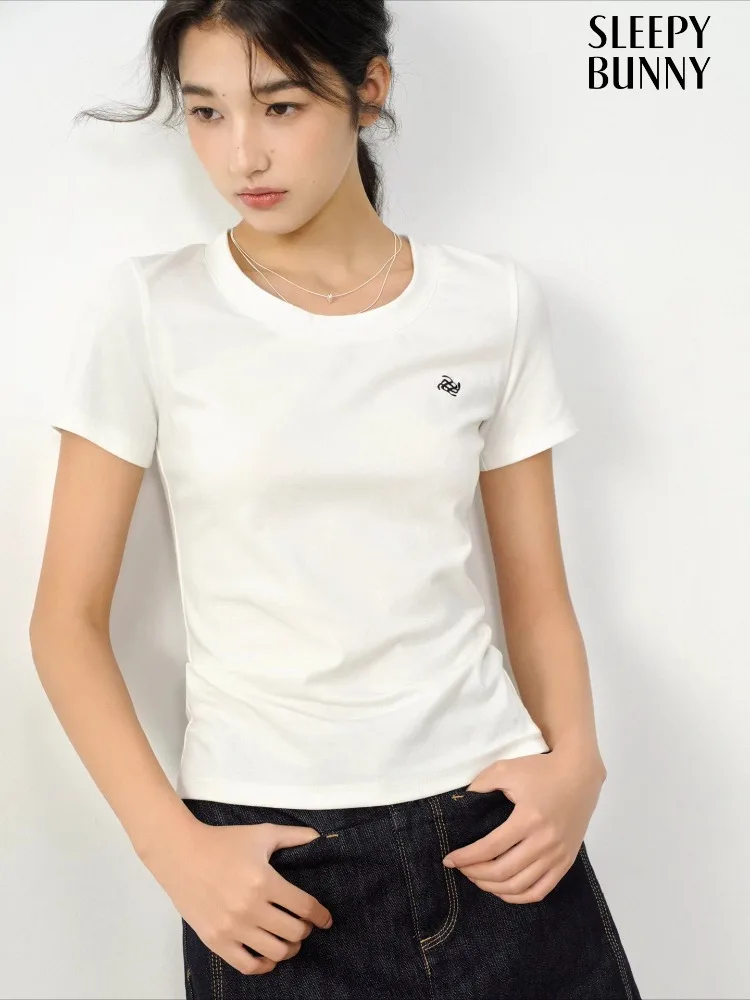 

Elegant Casual Slim Embroidered Short Sleeve T-Shirt Women Basic Cotton Round Neck Summer Top Versatile Fashion Tee Daily Wear