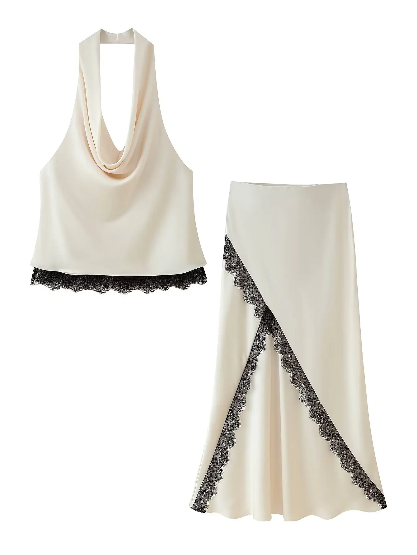 2025 Fall New Arrivals Women's Lace-Embellished Satin Halter Neck Top and Skirt Set