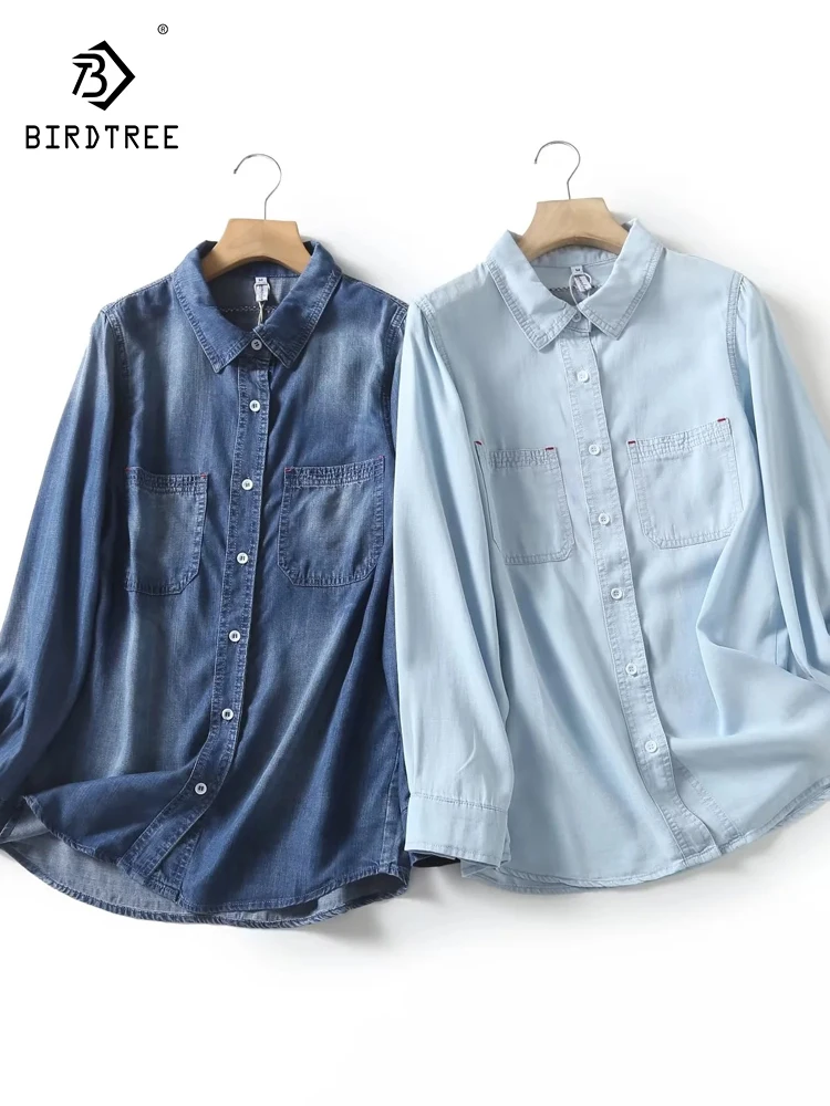 

New 2025 Autumn Long Sleeve Tence Denim Shirt, Women Turn-down Collar Pocket, Mori Girl Retro Simplicity Loose Blouse T58126CC