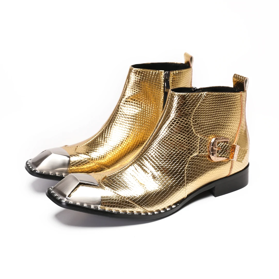 Fashion Gold Real Leather Men Ankle Boots Metal Square Toe Wedding Party Short Boots Large Size Male Night Club Dress Shoes