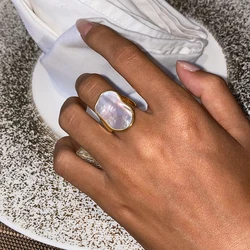 Yori Stainless Steel Natural Shell Geometric Chunky Ring for Women 18k Gold Color Stylish Unique Finger Jewelry Waterproof
