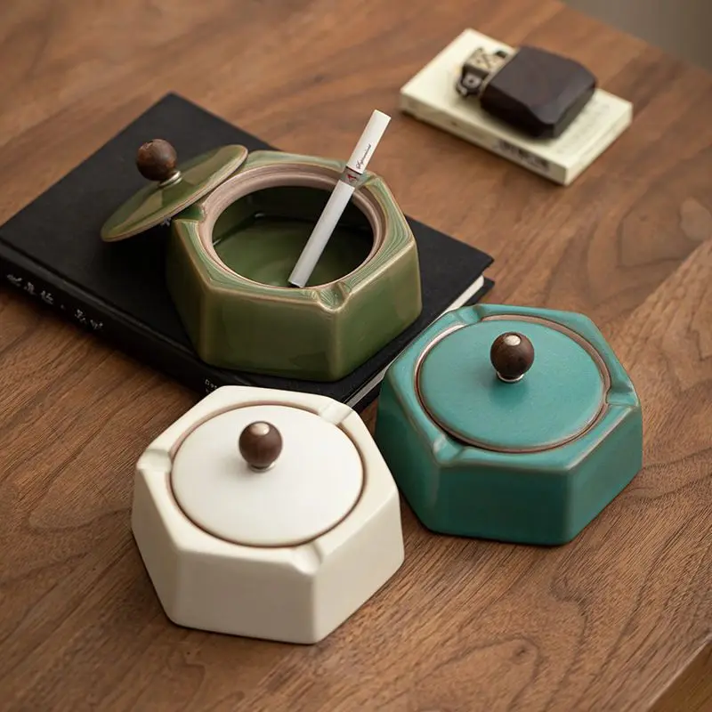 

Creative Hexagonal Ceramic Ashtray with Lid Indoor Windproof Large-Capacity Ashtray Desktop Decoration Office Ashtray Home Decor