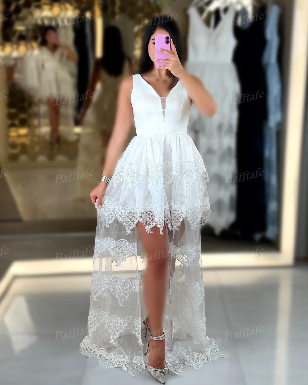 Bafftafe فساتين لحضور الحفلات الموسيقية للنساء من الدانتيل الساتان الأسود مخصصة على شكل حرف v قصيرة من الأمام وطويلة من الخلف مناسبة خاصة رسمية فساتين سهرة 2025