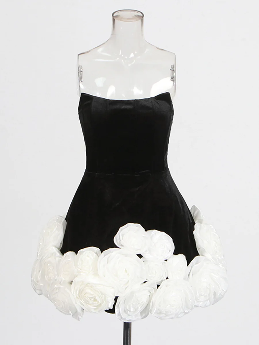 2025 New Elegant Princess-Style Dress, Sweet and Fresh Strapless Mini Dress with 3D Floral Design