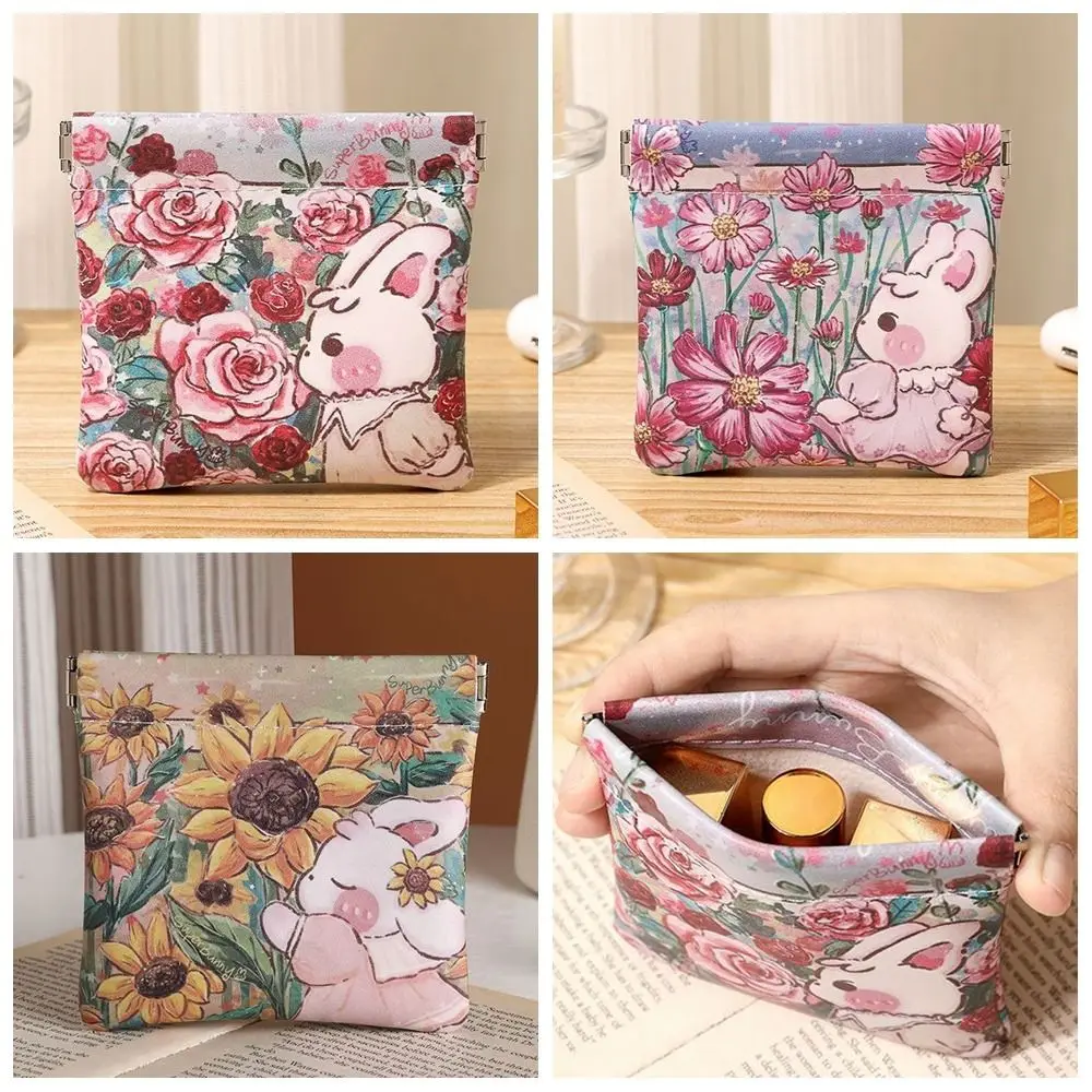 

Small Item Bag Pu Leather Mini Cosmetic Bag Flower Self-closing Coin Purse Automatic Closed Print Leaf Spring Bag Women