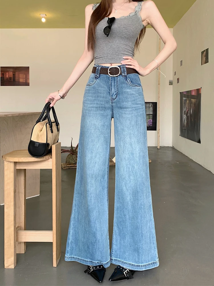 

High Waist Wide Leg Blue Jeans Women's Fashionable Slimming Summer 2026 Micro Flared Casual Style Loose Fit Denim Pants
