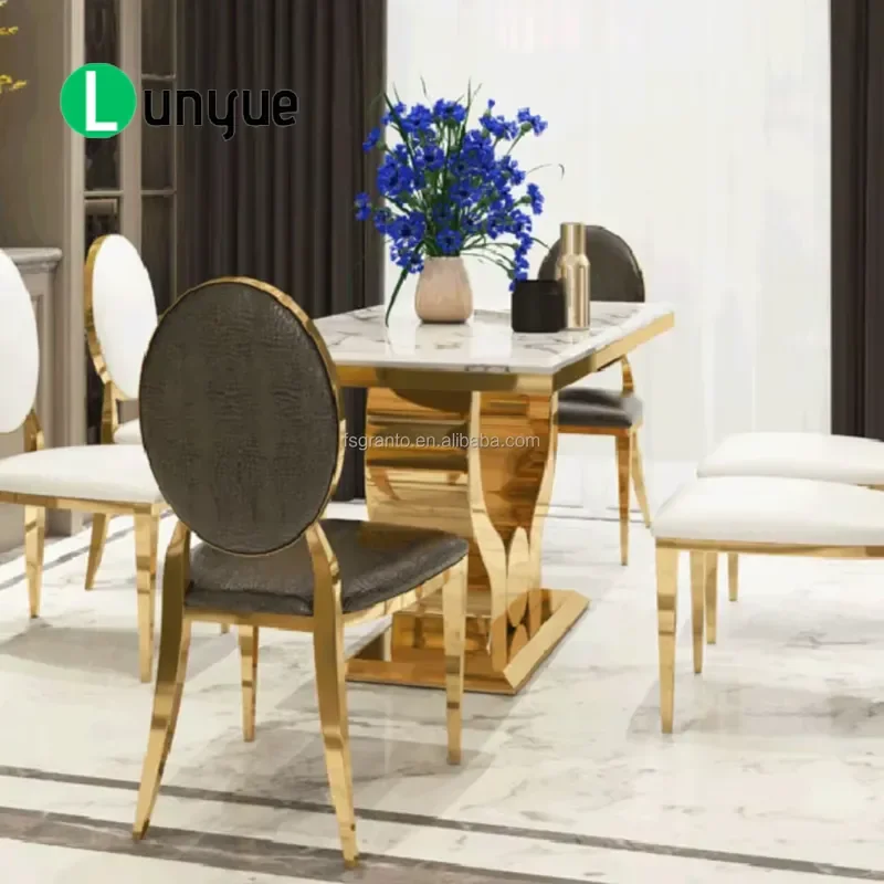 Luxury Marble Top Dining Table Set Gold Stainless Steel Frame Modern Fashion Home Hotel Furniture Elegant Dining Room Decor