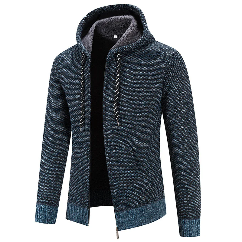Male Knitted Cardigan Jackets Fleece-lined Thickening Hooded Slim Zip Sweater Coats Commute Streetwear Men's Baseball Clothing