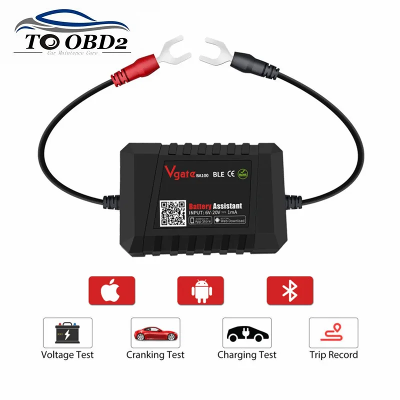 

Тестер аккумулятора Vgate BA100 6 ~ 20 в работает через приложение для телефона Bluetooth 4,0, контроль напряжения и здоровья аккумуляторов в режиме реального времени