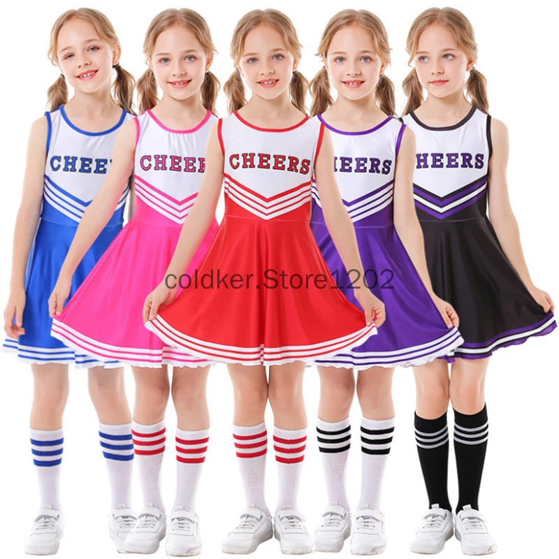 3pcs Cheerleader Costume for Girls Party Dress Halloween Cute Uniform Outfit Cheerleading Dance Costumes With Socks Pompom