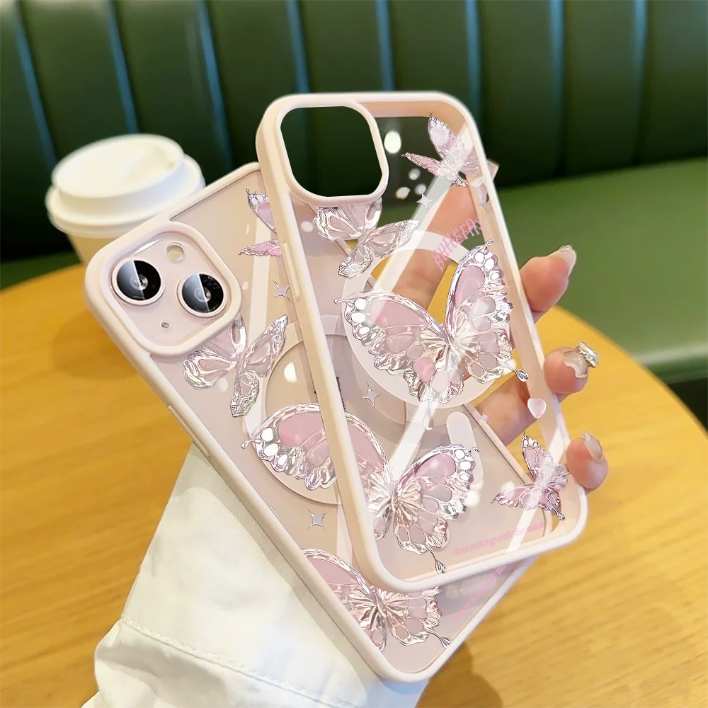 Niedliche Rosa Schmetterling Transparente Hülle für iPhone 17 16 11 15 14 Pro Max 13 12 Plus Hüllen für Magsafe Kabelloses Laden Luxus-Schutzhülle – Detail 7