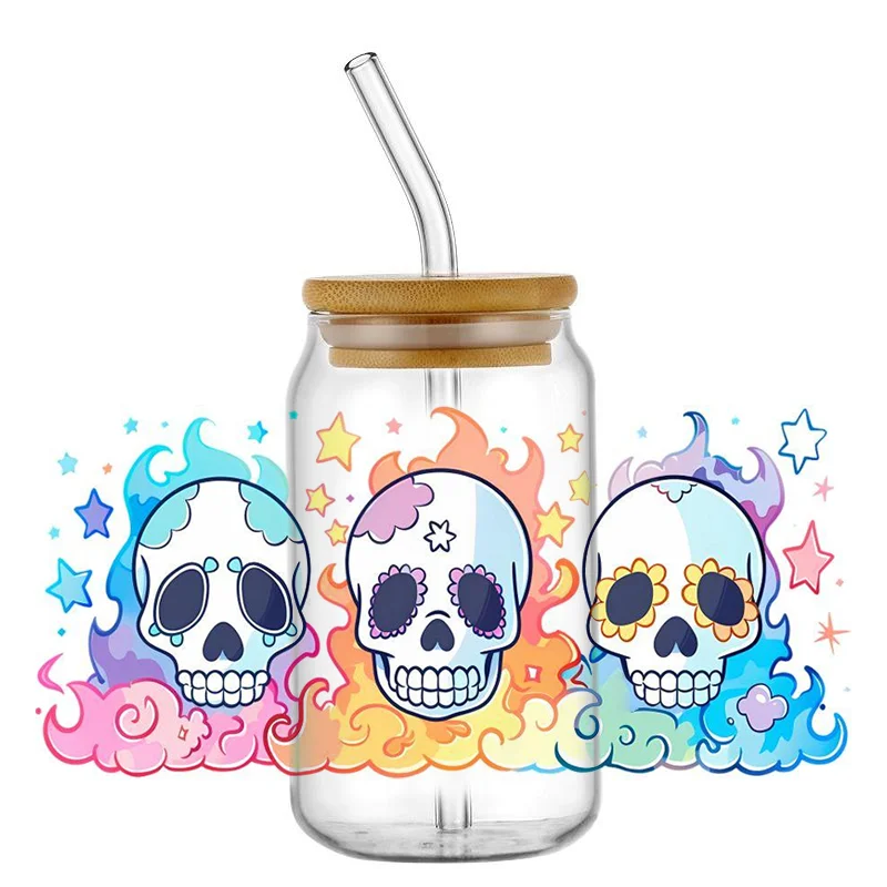 popular skull UV DTF Transfer Sticker Libbey 16oz Glass Cups Can Wraps Rub On Sticker Waterproof Bottle Sticker home decoration