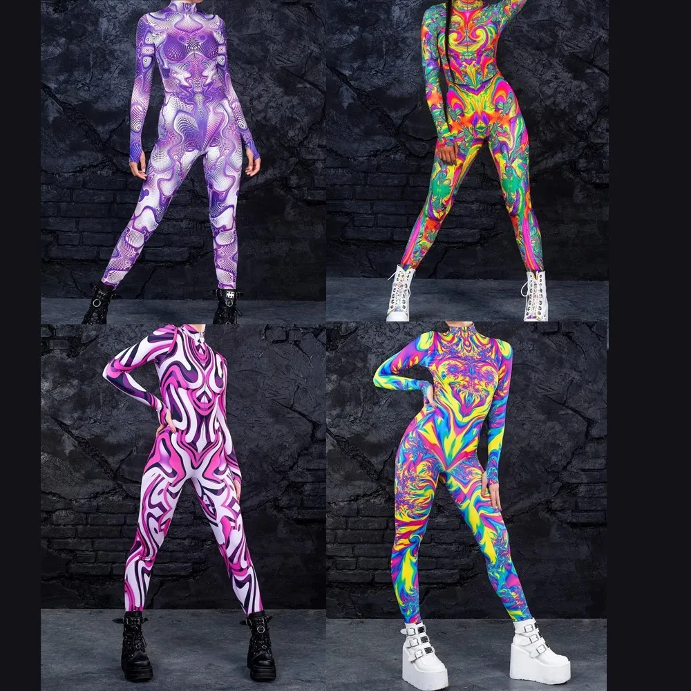 Multicolour Printing Holiday Party Women Kids Rainbow Sexy Skinny Jumpsuit Wear Onesie Cosplay Costume Elastic Bodysuits Roners