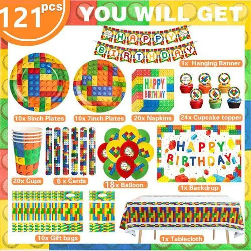 Building Blocks Birthday Party Decoration Tableware Cup Plate Tablecloth Balloons Banner Backdrop Papa Circle Kid Party Supplies - view 3