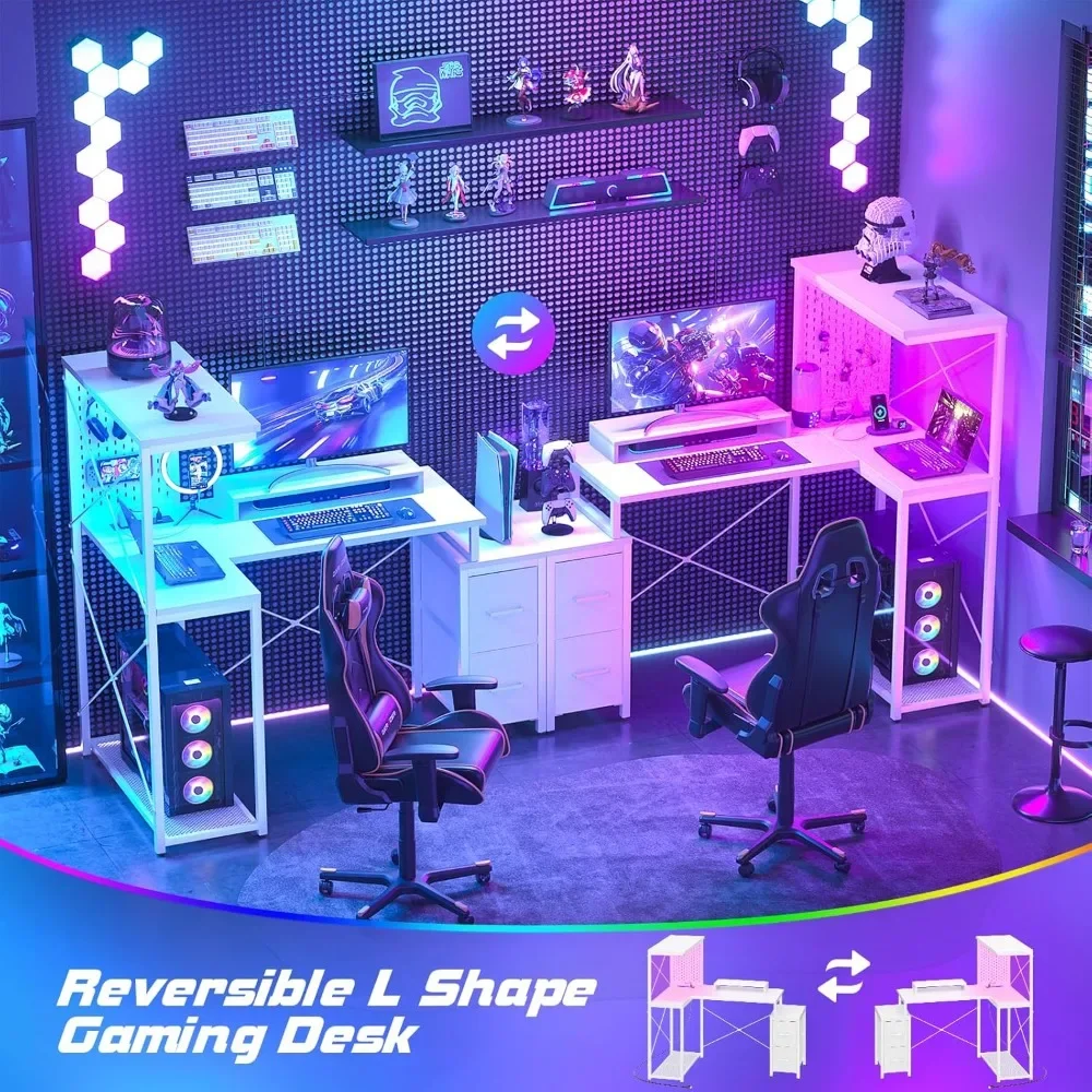 L Shaped Gaming Desk with 2 Fabric Drawers - Reversible Computer Desk with Power Outlet & LED Lights