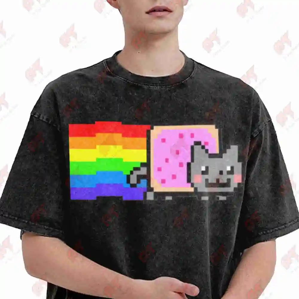 Pixel Art Rainbow Cat Retro 8 Bit Video Game Donut Vintage Washed Tee Pure Cotton T-Shirt