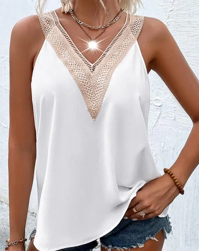 

Women's Tank Tops Elegant Fashion 2024 Summer Vacation Daily Casual Contrast Paneled Lace V-Neck Sleeveless Straight Tank Top