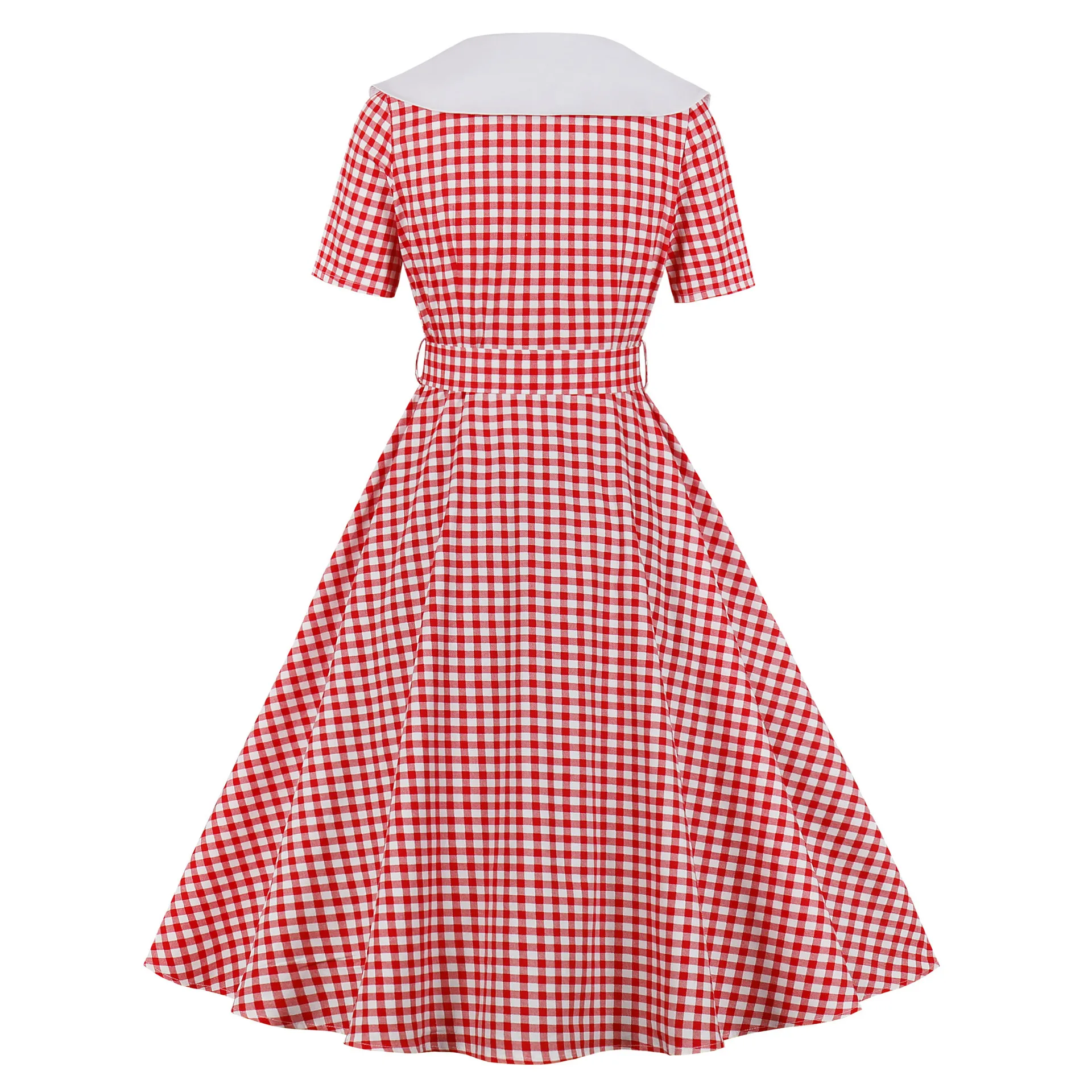 Pink B Retro Plaid Skirt Waist Light Dress Contrast Color Collar Annual Meeting Performance Costume Big Swing Mid-length Dress