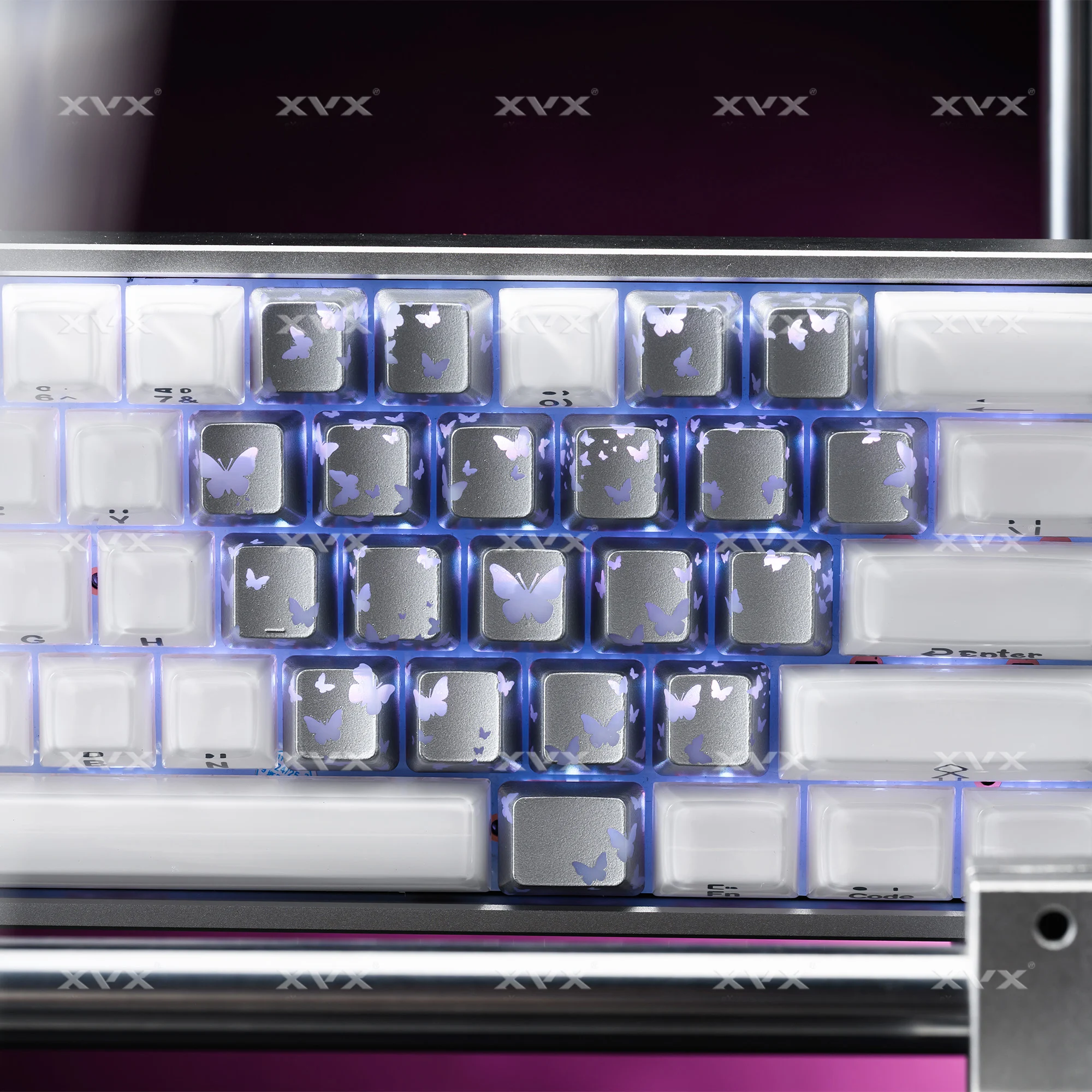 

XVX 21 Keys Sliver Butterfly Keycaps IMD-Pattern Shine Through Heart-Shaped Keycaps OEM Profile DIY Decorative Keycapseycap