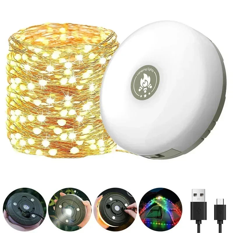 KDULIT Multifunktionale 4-in-1-Design-Camping-Lichterkette, USB wiederaufladbar, Outdoor-Zelt-Dekor-Licht, XTE-LED-Taschenlampe mit Magnethaken 9