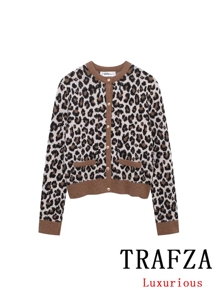 TRAFZA Vintage Casual Chic Women Sweater Leopard O-Neck Jacquard Long Sleeve Knitted Cardigans New Fashion 2024 Autumn Sweaters