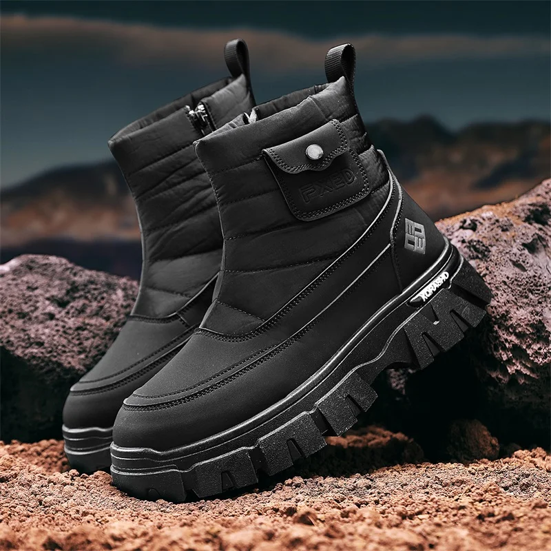 High Top Men Hiking Boots Winter Outdoor Casual Shoes Lace Up High Top Anti Slip Cotton Shoes Comforta Warm for Young Sneakers