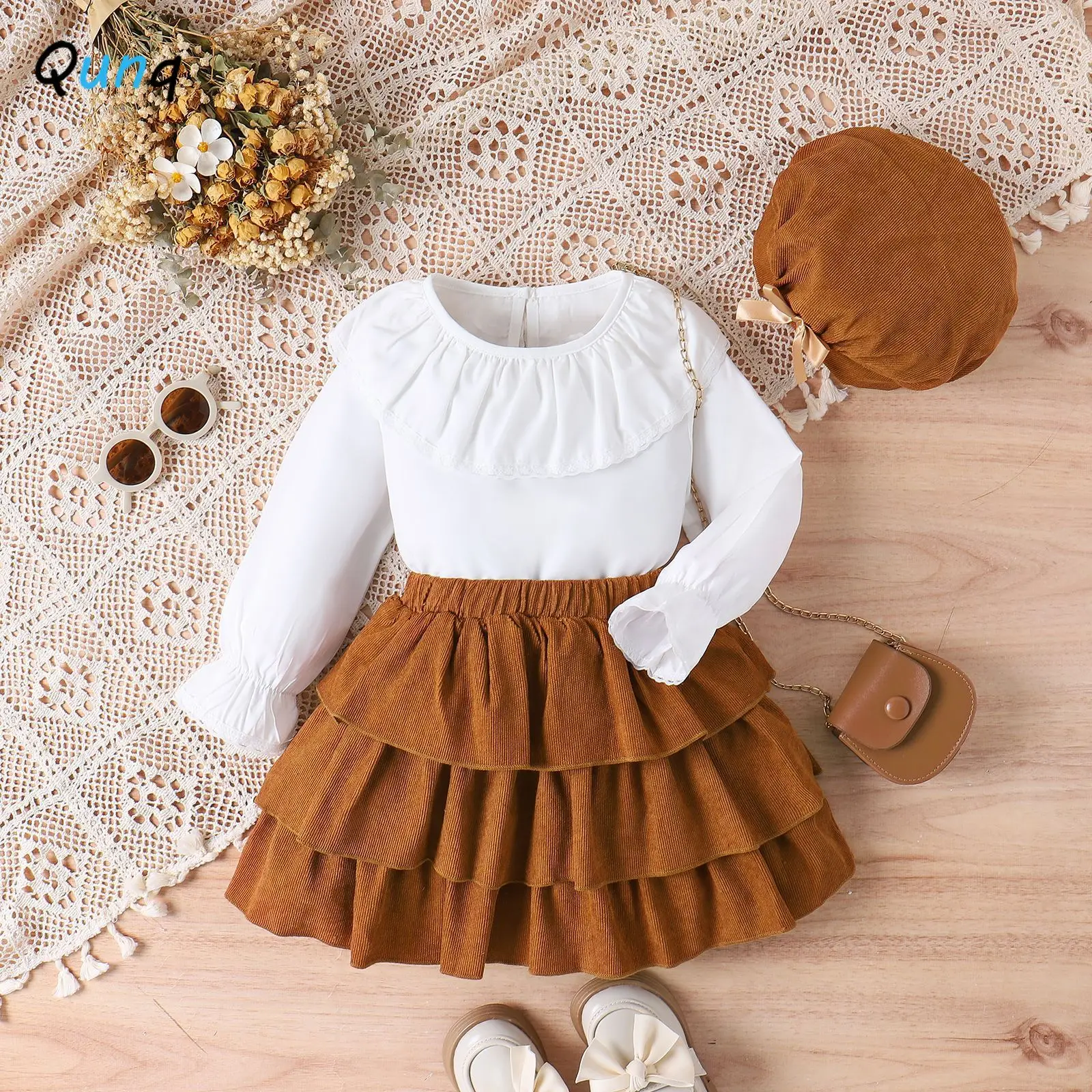 

Qunq 2023 Autumn Girls Lotus Collar And Long Sleeves Top+Corduroy Cake Dress And Cap 3 Pieces Set Casual Kids Clothes Age 3T-8T