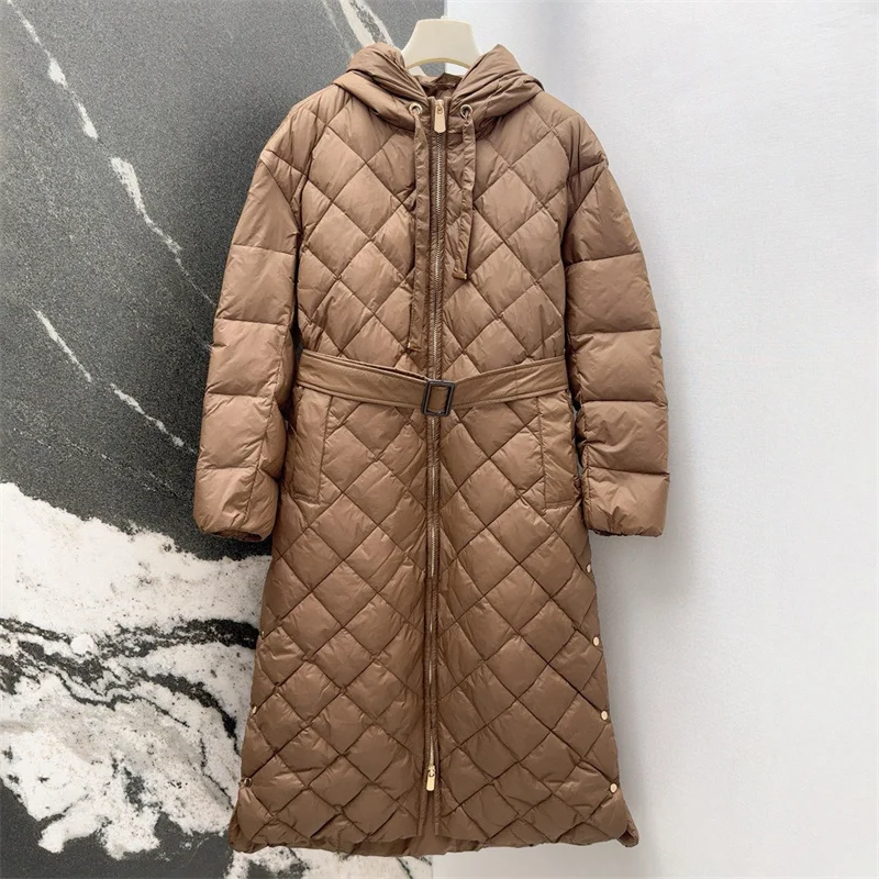 سترة شتوية نسائية 2025 حزام جديد بقصة ضيقة مع قلنسوة سترة بيضاء مملوءة بأسفل البط معاطف طويلة y2k سترة مبطنة #3