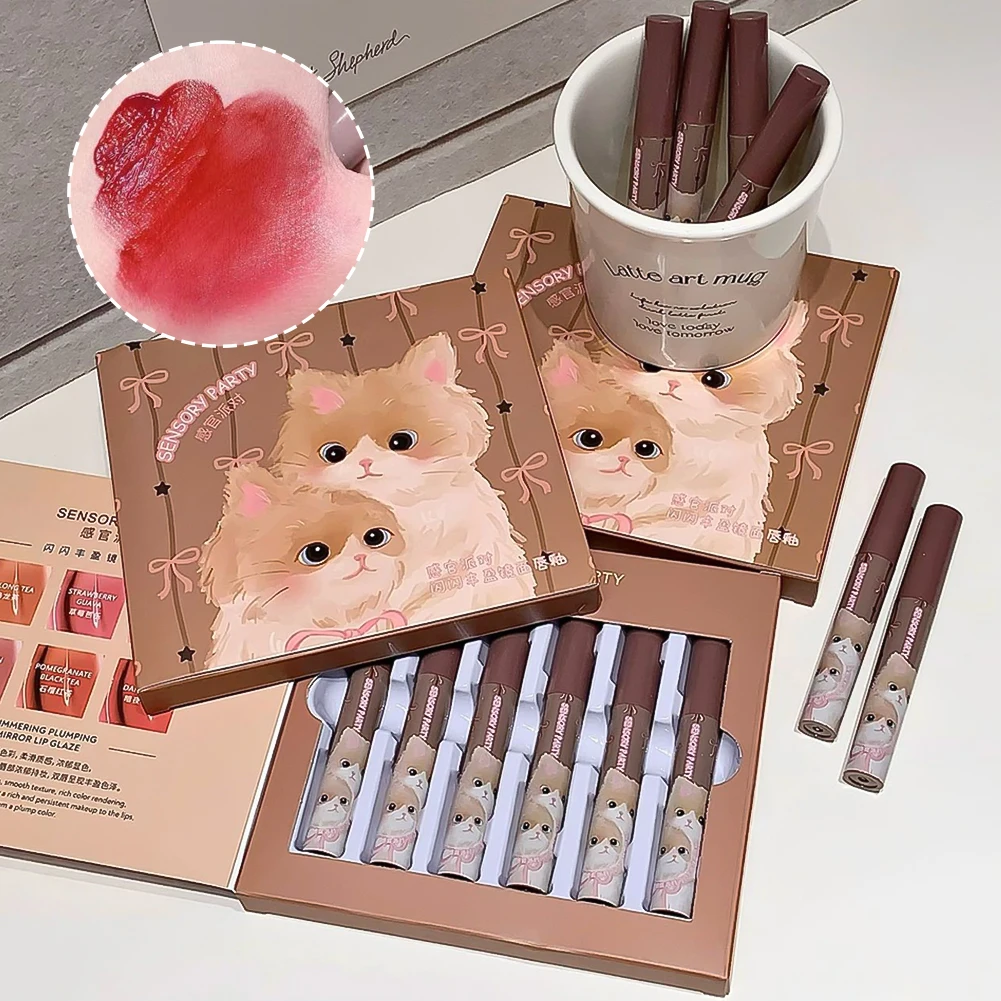 6 Stück/Box Mini Lipgloss-Set Wasserfester Cartoon-Lipgloss Langanhaltend Feuchtigkeitsspendend Spiegelnder Flüssiger Lippenstift Kosmetik Lippen-Make-up