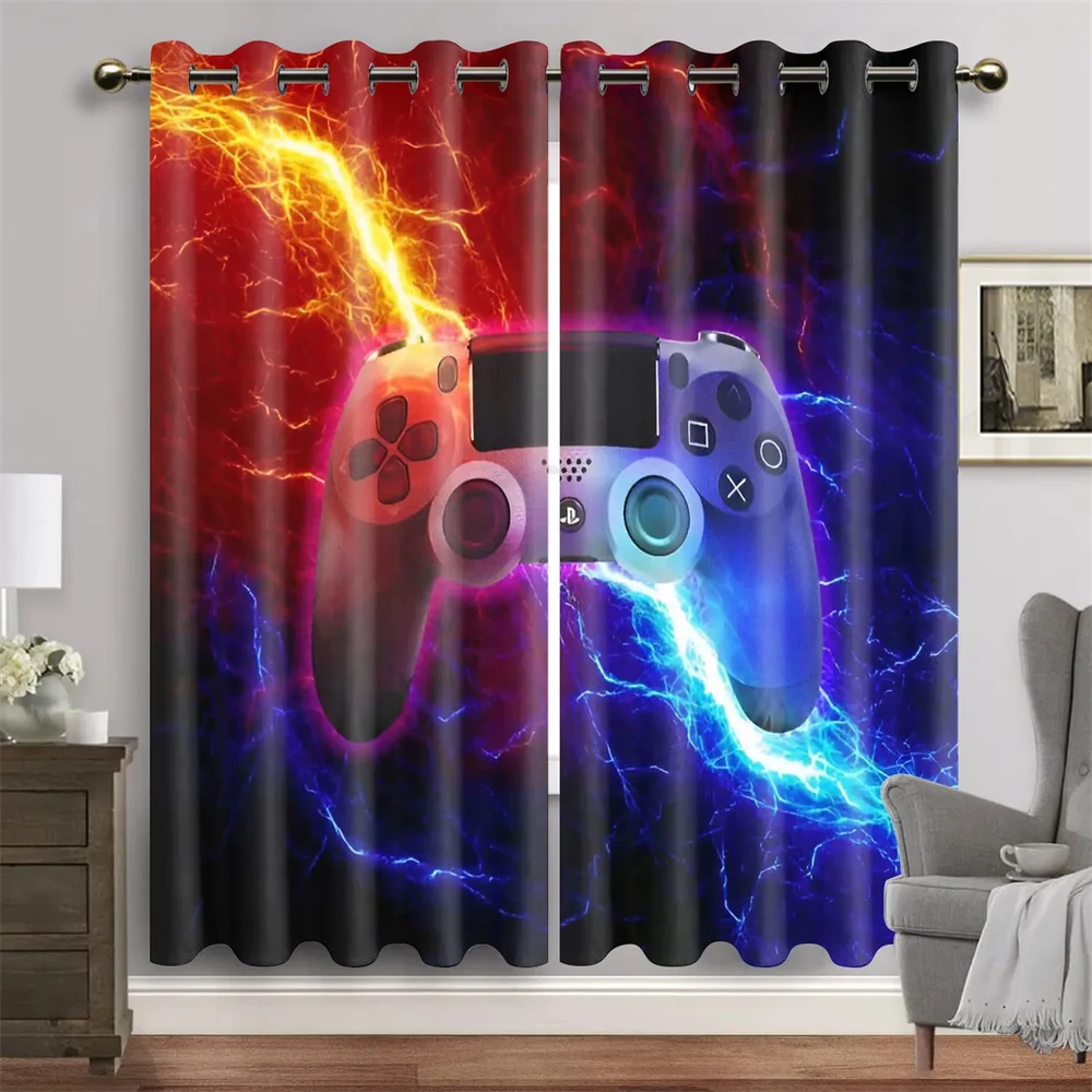 Lightening Cool Game Controller Gamepad Boy Window Curtains For Living Room Kids Bedroom Bathroom Kicthen Door Home Decor 2Pcs