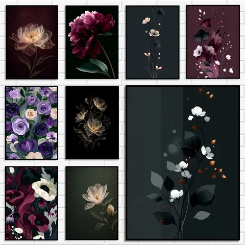 Moody Dark Floral Botanical Wall Art Prints Burgundy Peony Rose Canvas Posters Vintage Dark Tone Flower Wall Pictures Home Decor