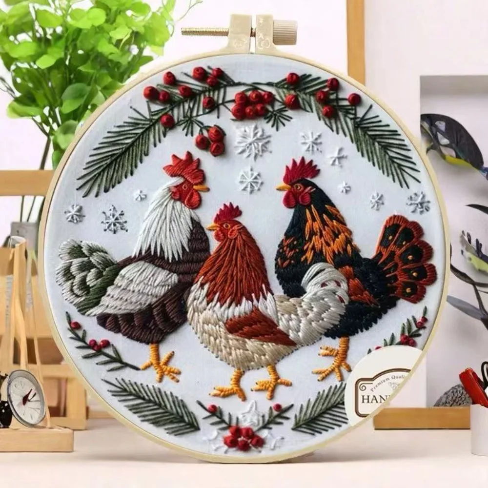 1PC of 3 rooster patterns Christmas embroidery diy handmade material package kit, beginner handmade creative embroidery mater