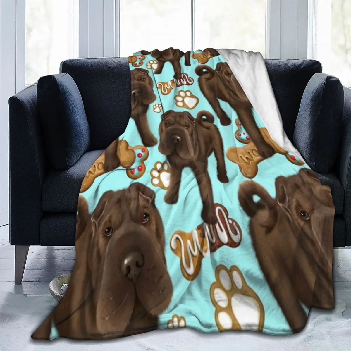 Shar Pei Blue Biscuits Flannel Blankets Quality Soft Durable Funny Dog Throw Blanket Winter Camping Bed Aesthetic Bedspread