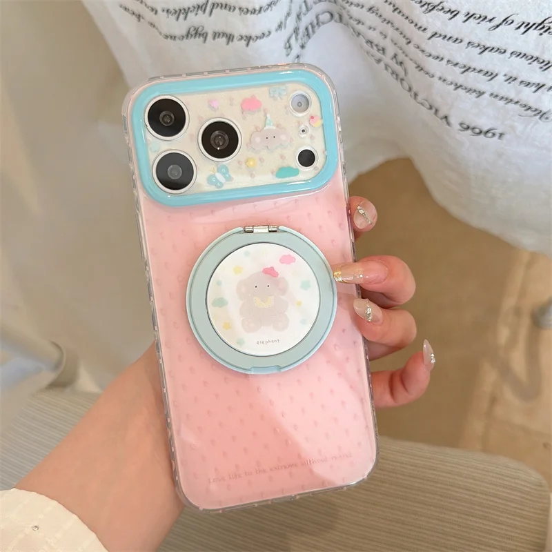 

Cute Edgy Pink Polka Dot Bear Ring Stand Phone Case For iPhone 15 16 17 Pro Max INS Pastel Punk Shockproof Protective Cover