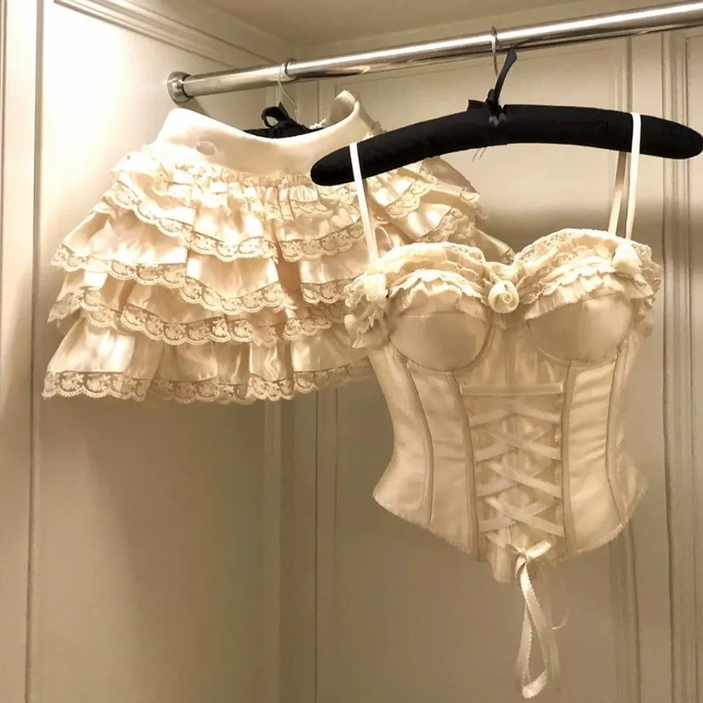 Sweet Bow Lace Sling Top Tank Sleeveless Fluffy Cake Skirt Sexy Outfit Flower Skirt Suit Spicy Girls