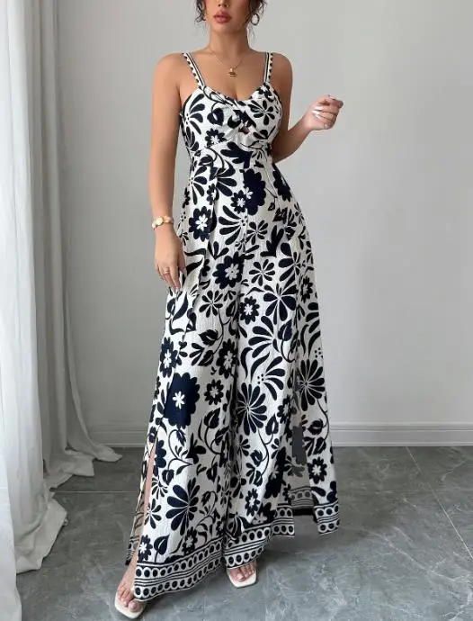 

Summer New Elegant Sexy Casual Style Flower Print V-Neck Backless Lace Up Design Women's Sleeveless Wide Leg Suspender Jumpsuit
