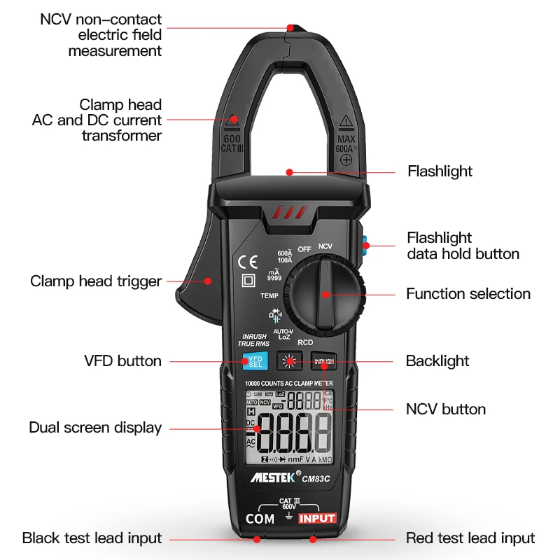 600A Digital AC Current Clamp Meters Current Clamp Multimeter 10000 Counts Meter Frequency Capacitance NCV Digital Clamp Meters