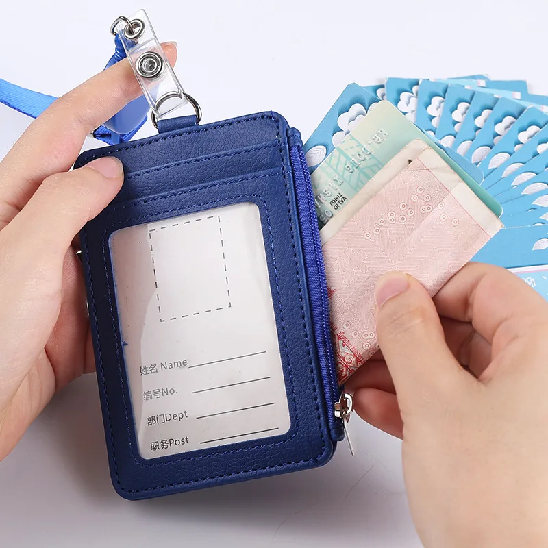 Pu Work Card Holder With Zipper Hanging Tag Work Id Card Bag Change Hanging Rope Certificate Holder Leather Cover Chest Card