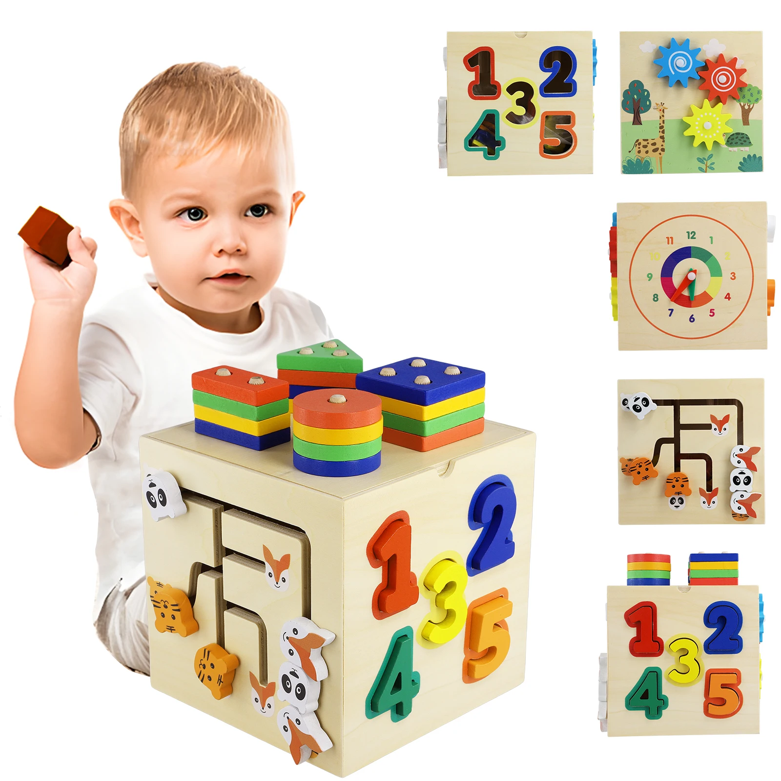 

Baby Activity Cube Toddler Wooden Toys 7 In 1 Educational Shape Sorter Color Toy Maze Counting Discovery Toys For Kids Learning