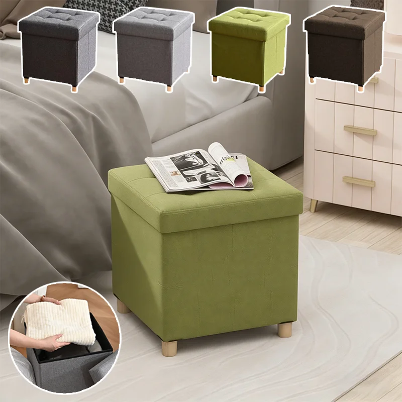

1PC Foldable Storage Ottoman Footstool with 4 Legs Large Capacity Linen Multi-Function Stool for Living Room Bedroom 38x38x41cm