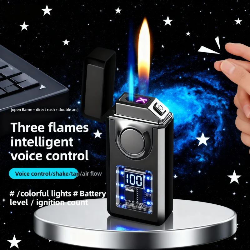 2026 New Creative Three Flame Voice Controlled Ignition Butane Gas Lighter Color Light Digital Battery Display Electric Lighters