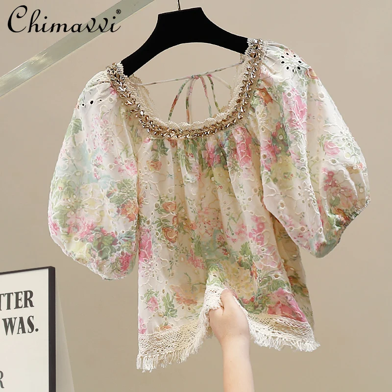 

Retro Ethnic Style Embroidered Shirt Summer New Sweet Heavy Diamond Floral Shirt Square Collar Temperament Fringed Women's Top